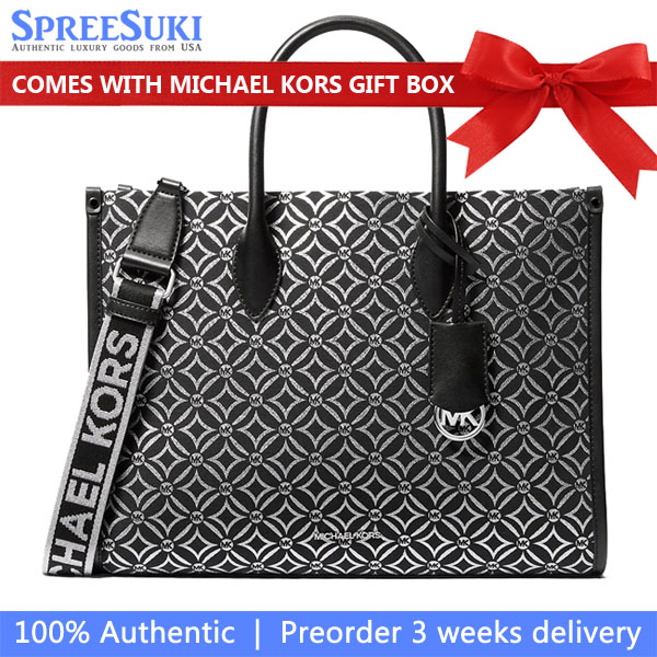 Michael Kors Mirella Medium Metallic Logo Jacquard Tote Bag Black / Silver # 35F4S7ZT2J