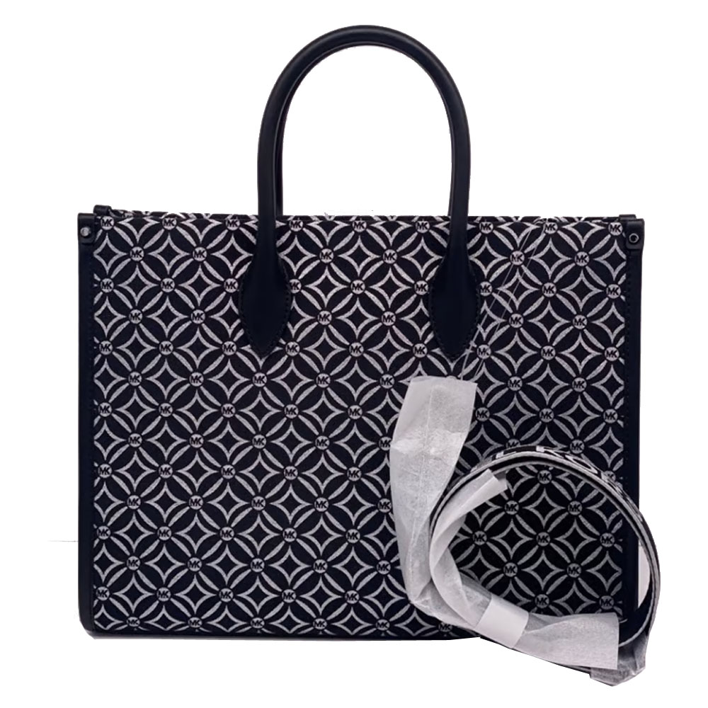 Michael Kors Mirella Medium Metallic Logo Jacquard Tote Bag Black / Silver # 35F4S7ZT2J