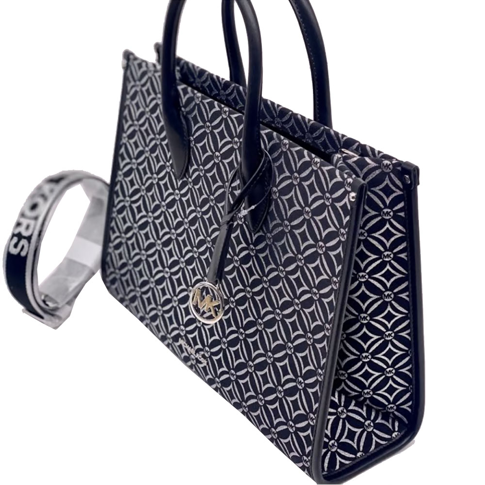 Michael Kors Mirella Medium Metallic Logo Jacquard Tote Bag Black / Silver # 35F4S7ZT2J