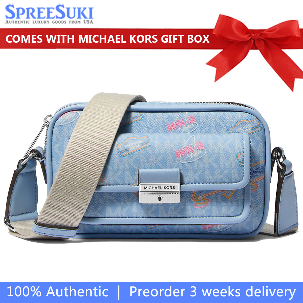 Michael Kors Bradshaw Extra-Small Embellished Signature Logo Camera Crossbody Bag Light Sky # 35T5S2BC0I