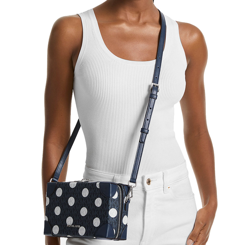 Michael Kors Jeanie Small Polka Dot Signature Logo Trunk Crossbody Bag Navy # 35S5S0JC1N