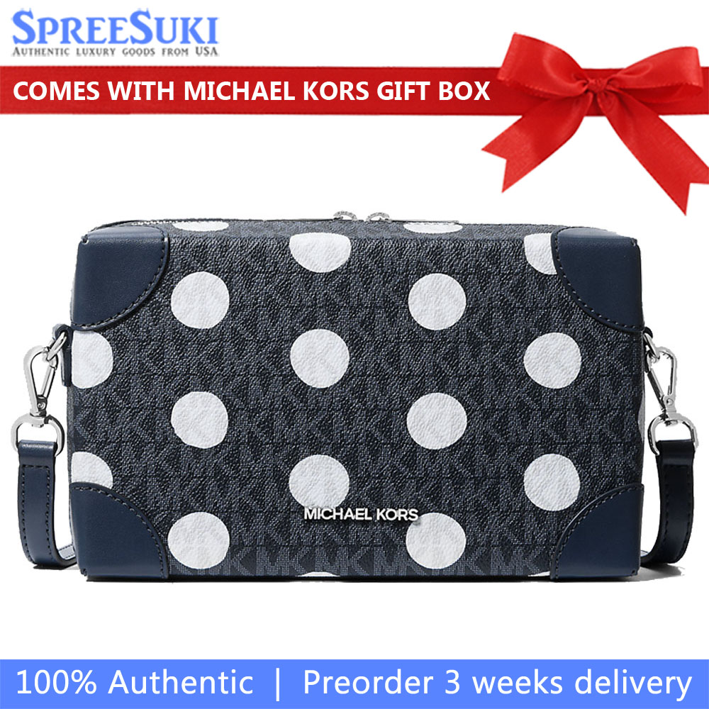 Michael Kors Jeanie Small Polka Dot Signature Logo Trunk Crossbody Bag Navy # 35S5S0JC1N
