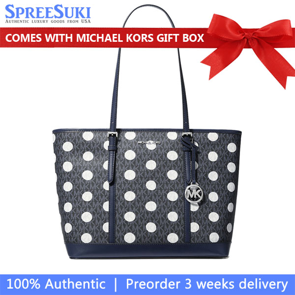 Michael Kors Jet Set Large Polka Dot Signature Logo Tote Bag Navy # 35S5STVT3O