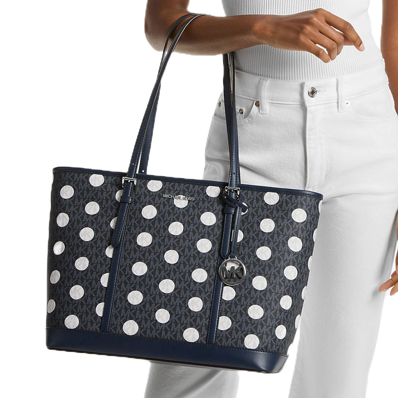 Michael Kors Jet Set Large Polka Dot Signature Logo Tote Bag Navy # 35S5STVT3O