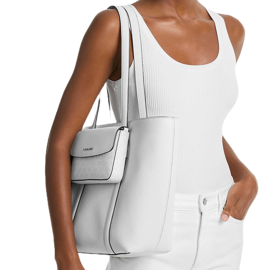 Michael Kors Jet Set Large 2-In-1 Pebbled Leather Tote Bag Optic White # 35S5STVT3L
