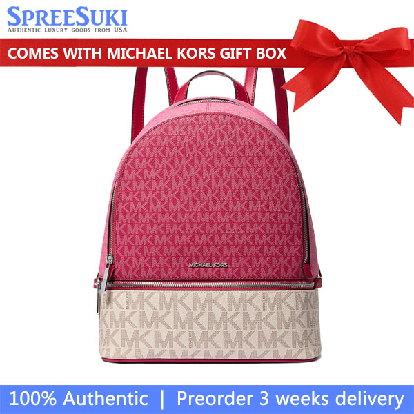 Michael Kors Rhea Medium Color-Block Signature Logo Backpack Dark Raspberry Multi # 35S5SRAB6V