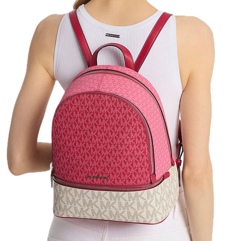 Michael Kors Rhea Medium Color-Block Signature Logo Backpack Dark Raspberry Multi # 35S5SRAB6V