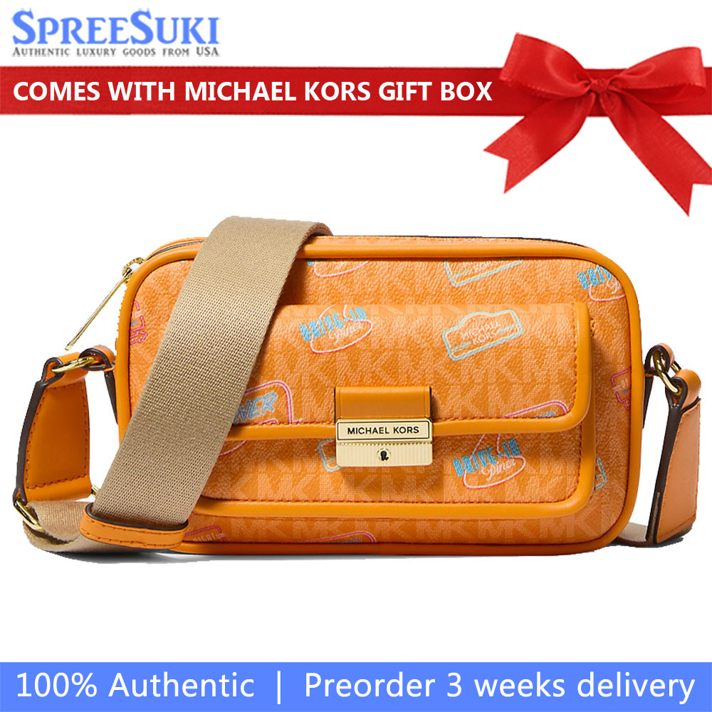 Michael Kors Bradshaw Extra-Small Embellished Signature Logo Camera Crossbody Bag Pop Orange # 35T5G2BC0I