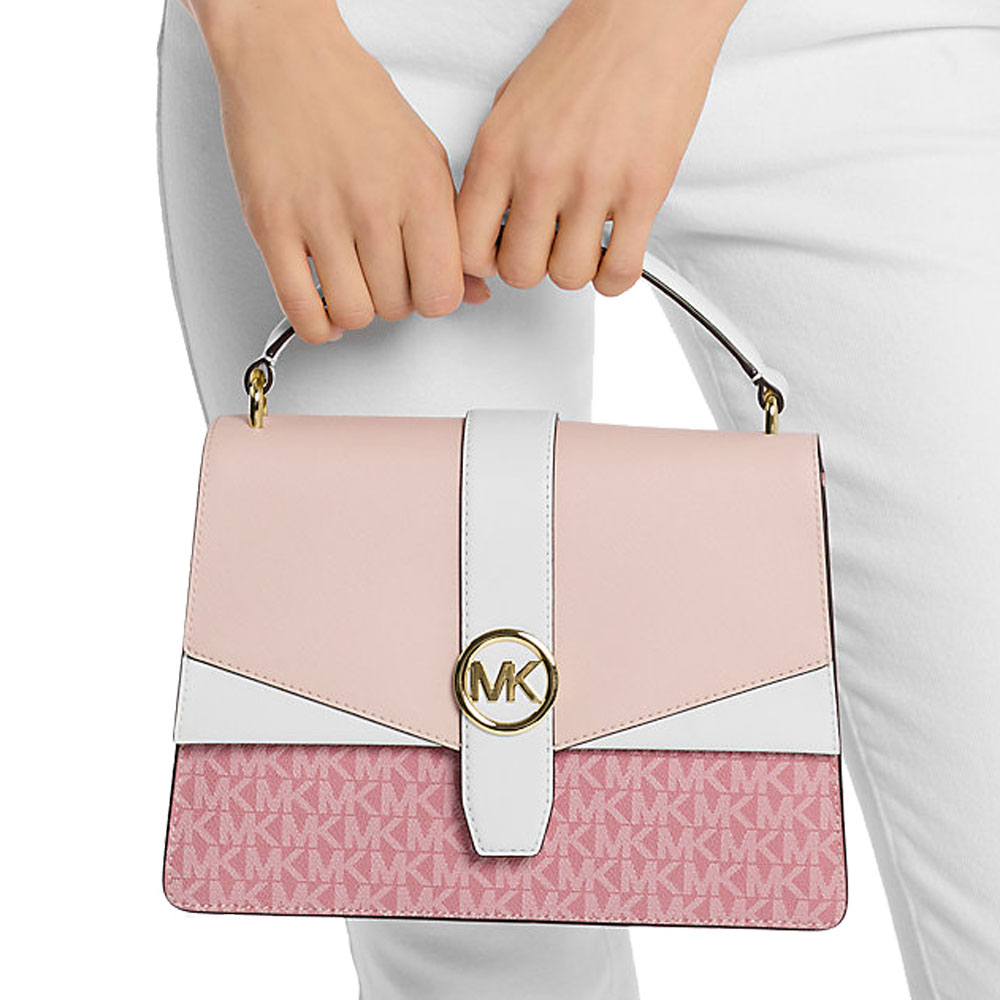 Michael Kors Greenwich Medium Signature Logo Satchel Powder Blush Multi # 35S5GGRS6V