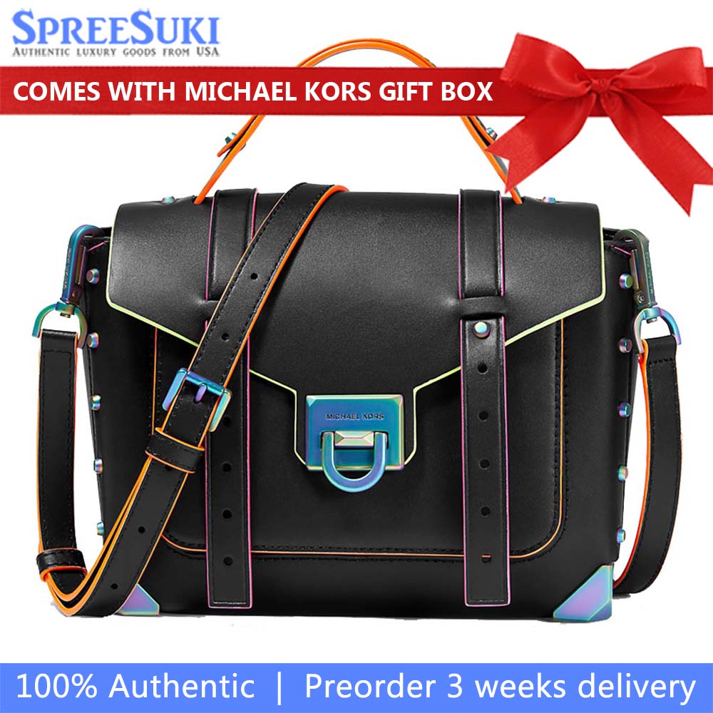 Michael Kors Manhattan Medium Contrast-Trim Leather Satchel Black # 35H1TNCS8L