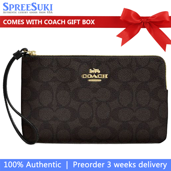 Coach Large Wristlet Large Corner Zip Signature Canvas Walnut Brown Black # CZ277