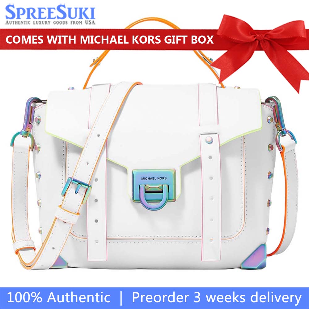 Michael Kors Manhattan Medium Contrast-Trim Leather Satchel Optic White # 35H1TNCS8L