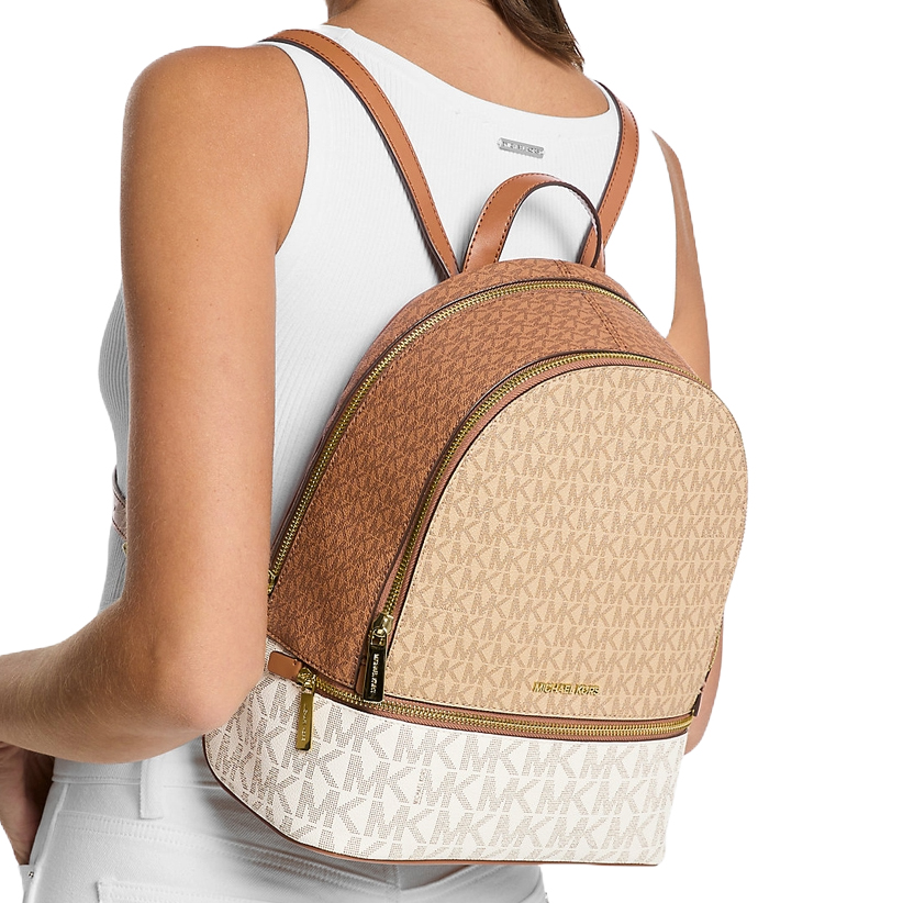 Michael Kors Rhea Medium Color-Block Signature Logo Backpack Camel Mlt # 35S5GRAB6V