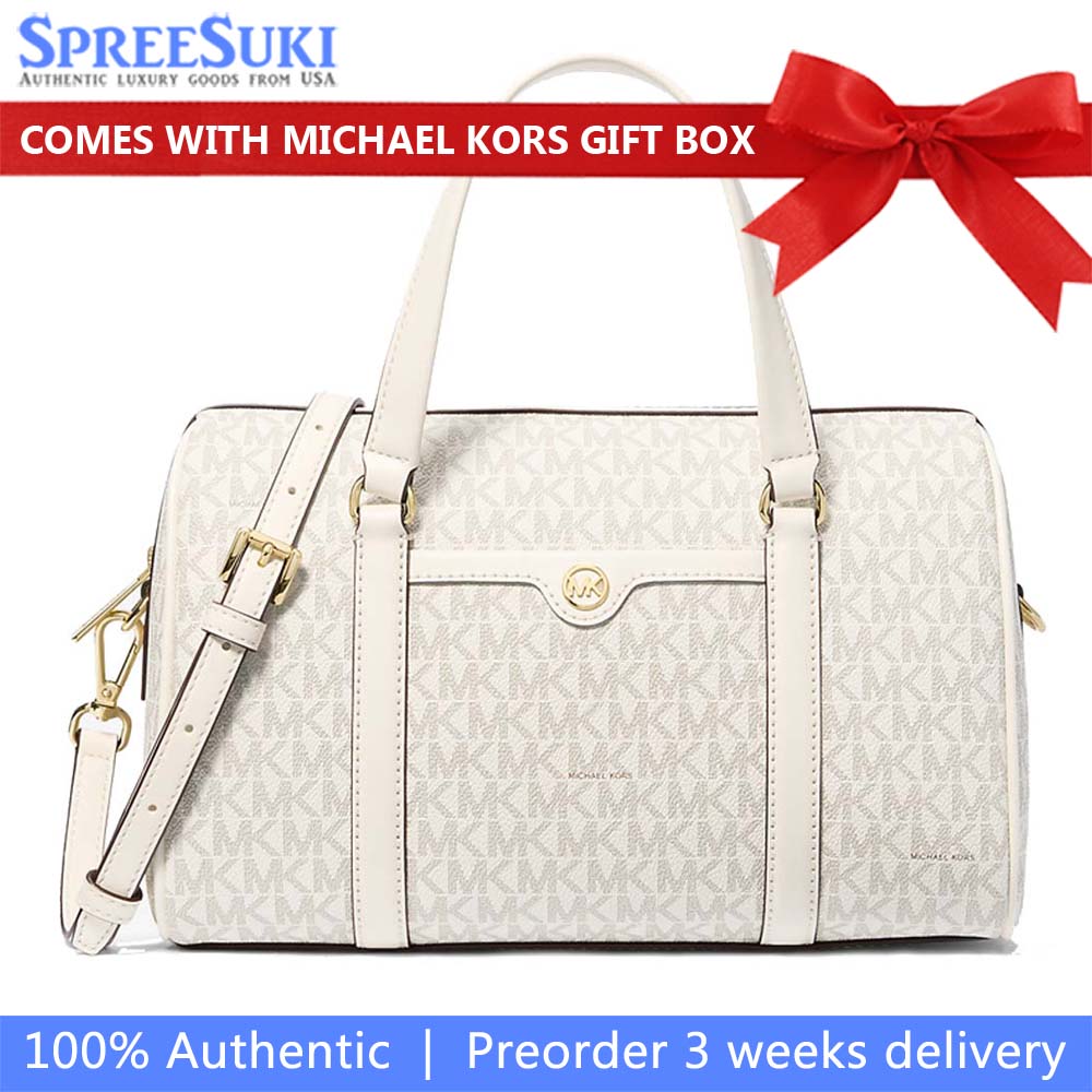 Michael Kors Jet Set Travenuel Medium Signature Logo Duffel Crossbody Bag Light Cream Multi # 35S4GTFS6B