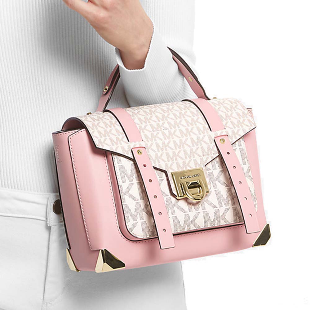 Michael Kors Manhattan Medium Leather And Logo Satchel Powder Blush Multi # 35F1GNCS6V