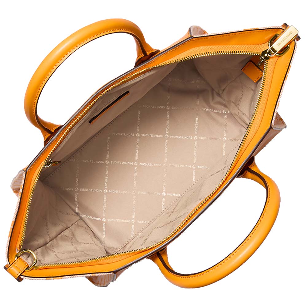 Michael Kors Avril Large Leather And Logo Jacquard Satchel Pop Orange # 35S5G4VS3L