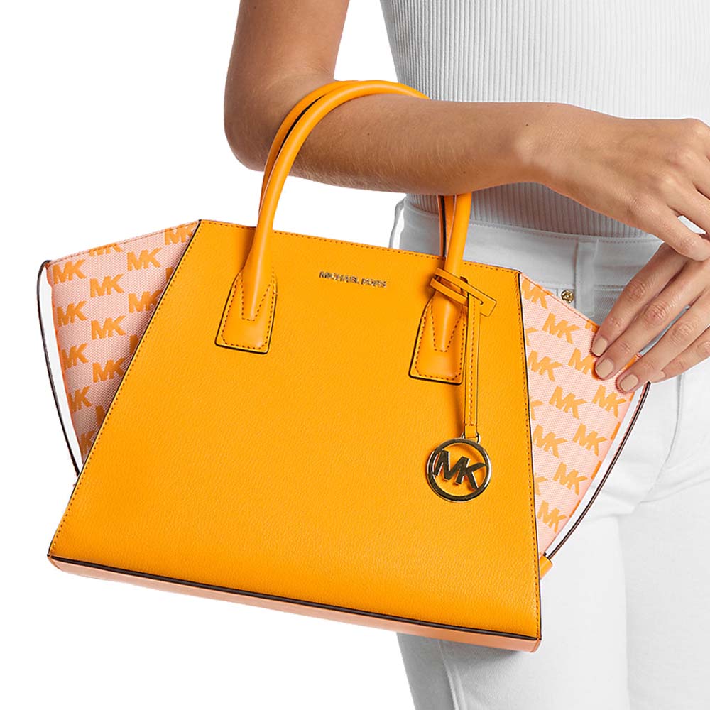 Michael Kors Avril Large Leather And Logo Jacquard Satchel Pop Orange # 35S5G4VS3L