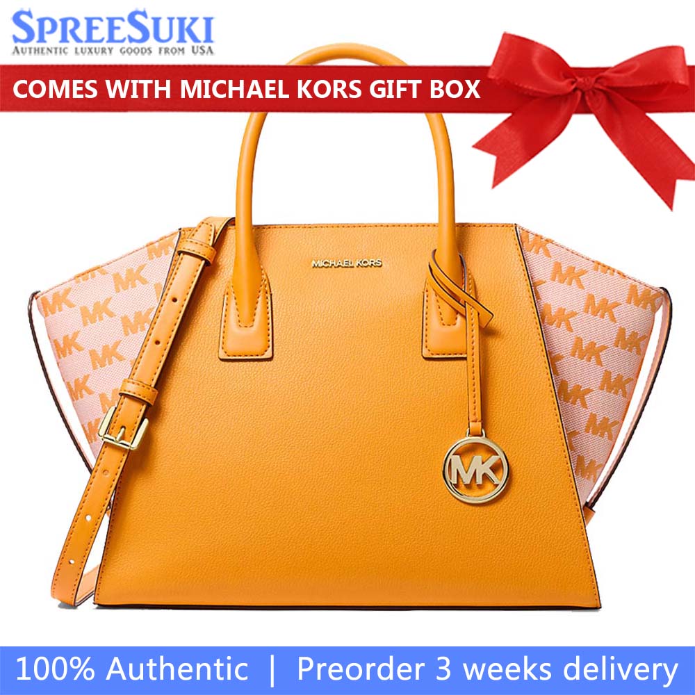 Michael Kors Avril Large Leather And Logo Jacquard Satchel Pop Orange # 35S5G4VS3L