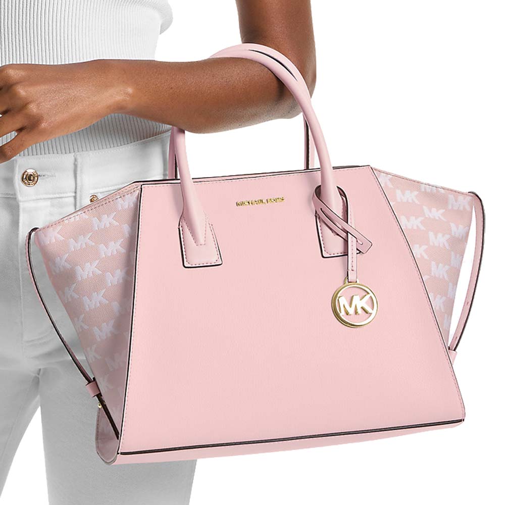 Michael Kors Avril Large Leather And Logo Jacquard Satchel Powder Blush # 35S5G4VS3L