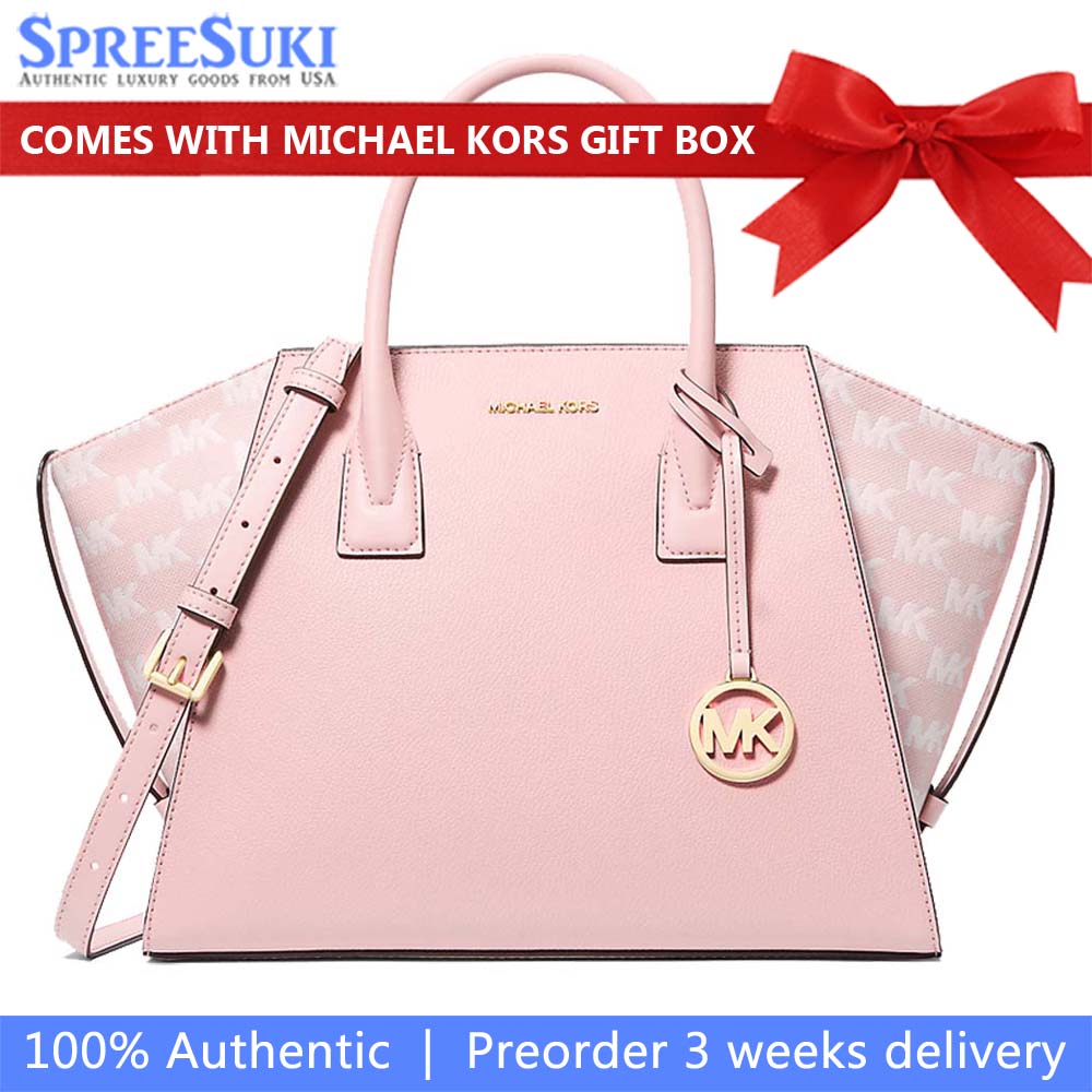 Michael Kors Avril Large Leather And Logo Jacquard Satchel Powder Blush # 35S5G4VS3L