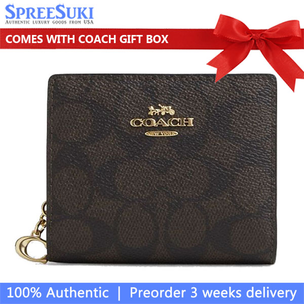 Coach Small Wallet Snap Wallet Signature Canvas Walnut Brown Black # CW789