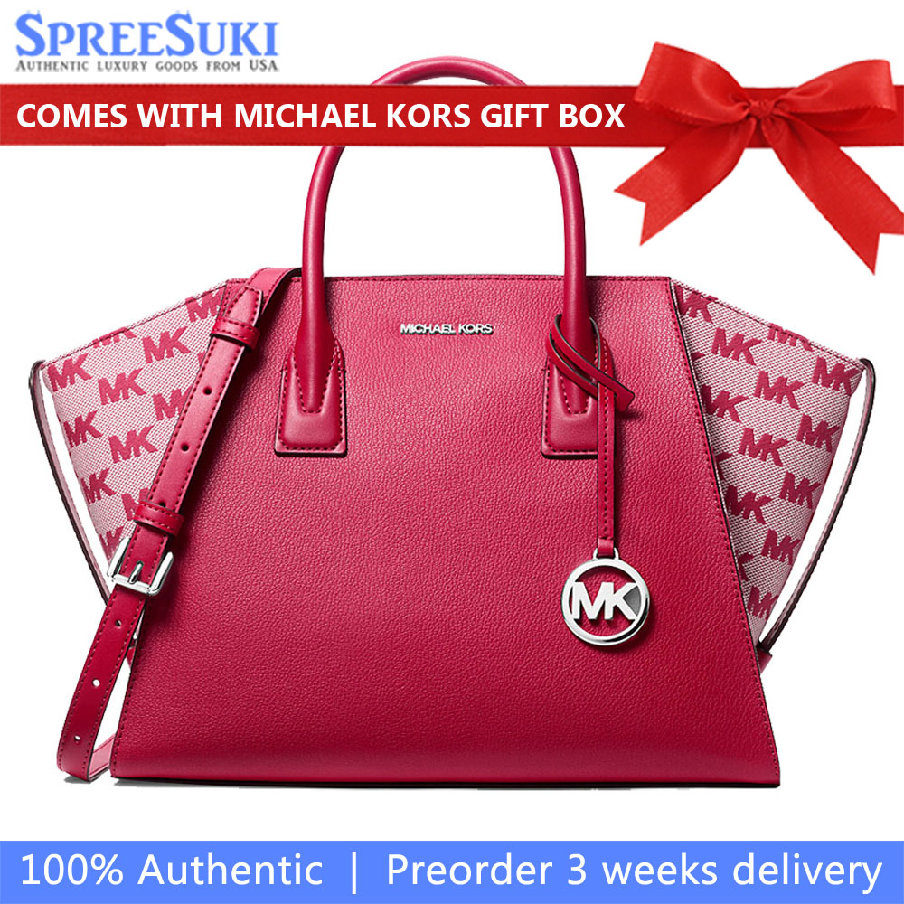 Michael Kors Avril Large Leather And Logo Jacquard Satchel Dark Raspberry # 35S5S4VS3L