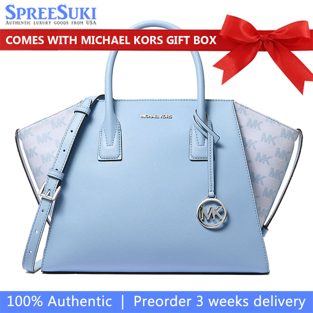 Michael Kors Avril Large Leather And Logo Jacquard Satchel Light Sky # 35S5S4VS3L