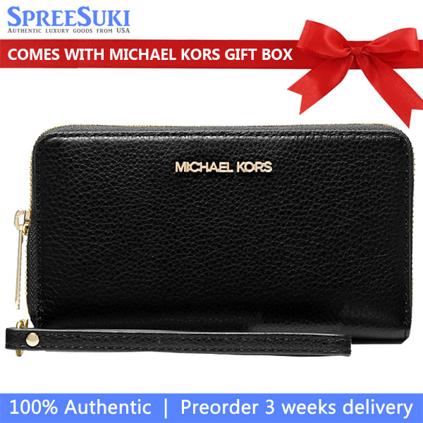 Michael Kors Long Wallet Pebble Leather Jet Set Travel Large Flat Multifunction Phone Case Wristlet Black # 35S9GTVE7L