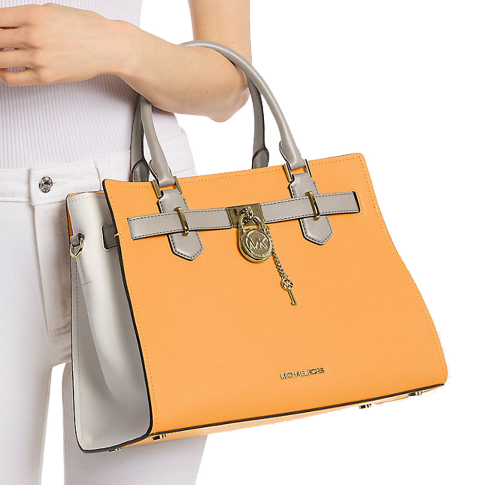 Michael Kors Hamilton Medium Color-Block Leather Satchel Pop Orange Multi # 35T5GHMS2L