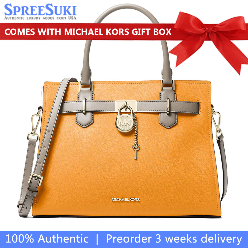 Michael Kors Hamilton Medium Color-Block Leather Satchel Pop Orange Multi # 35T5GHMS2L