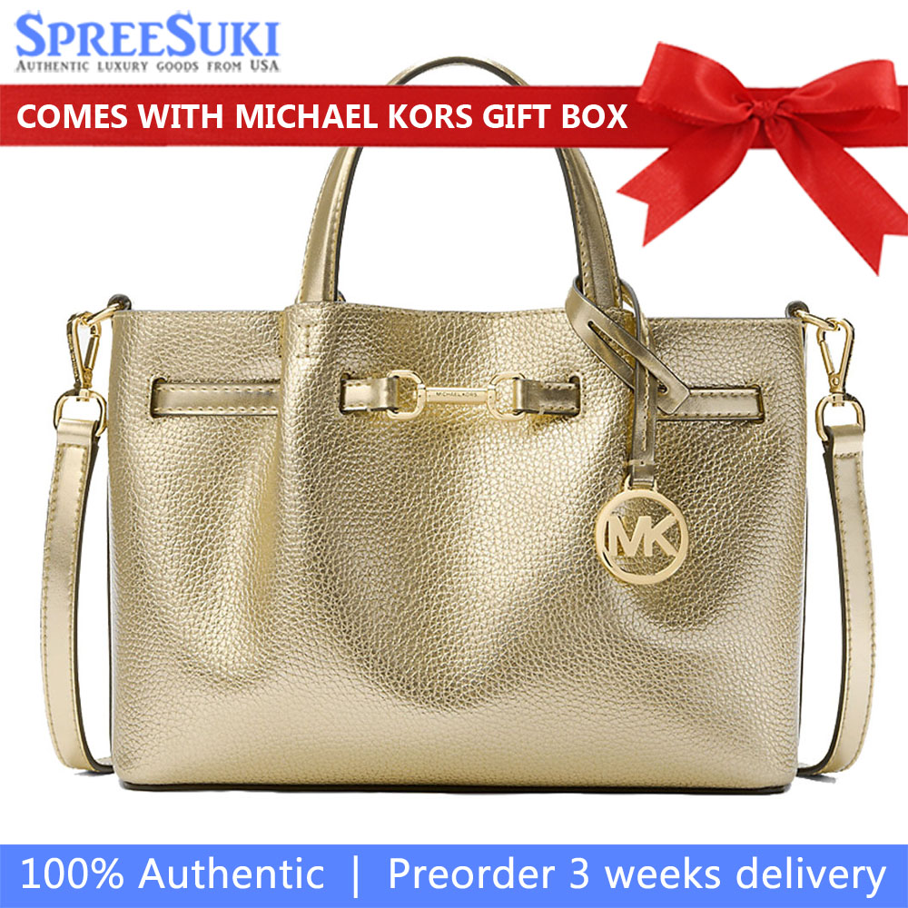 Michael Kors Carson Medium Metallic Pebbled Leather Satchel Pale Gold # 35S5G2ZS5M
