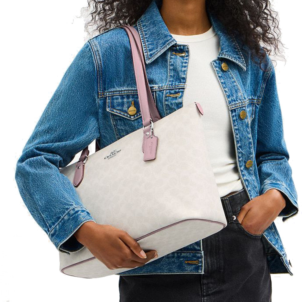 Coach Gallery Tote Bag In Signature Canvas Silver Chalk Carnation # CW381