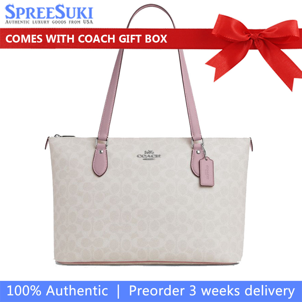 Coach Gallery Tote Bag In Signature Canvas Silver Chalk Carnation # CW381