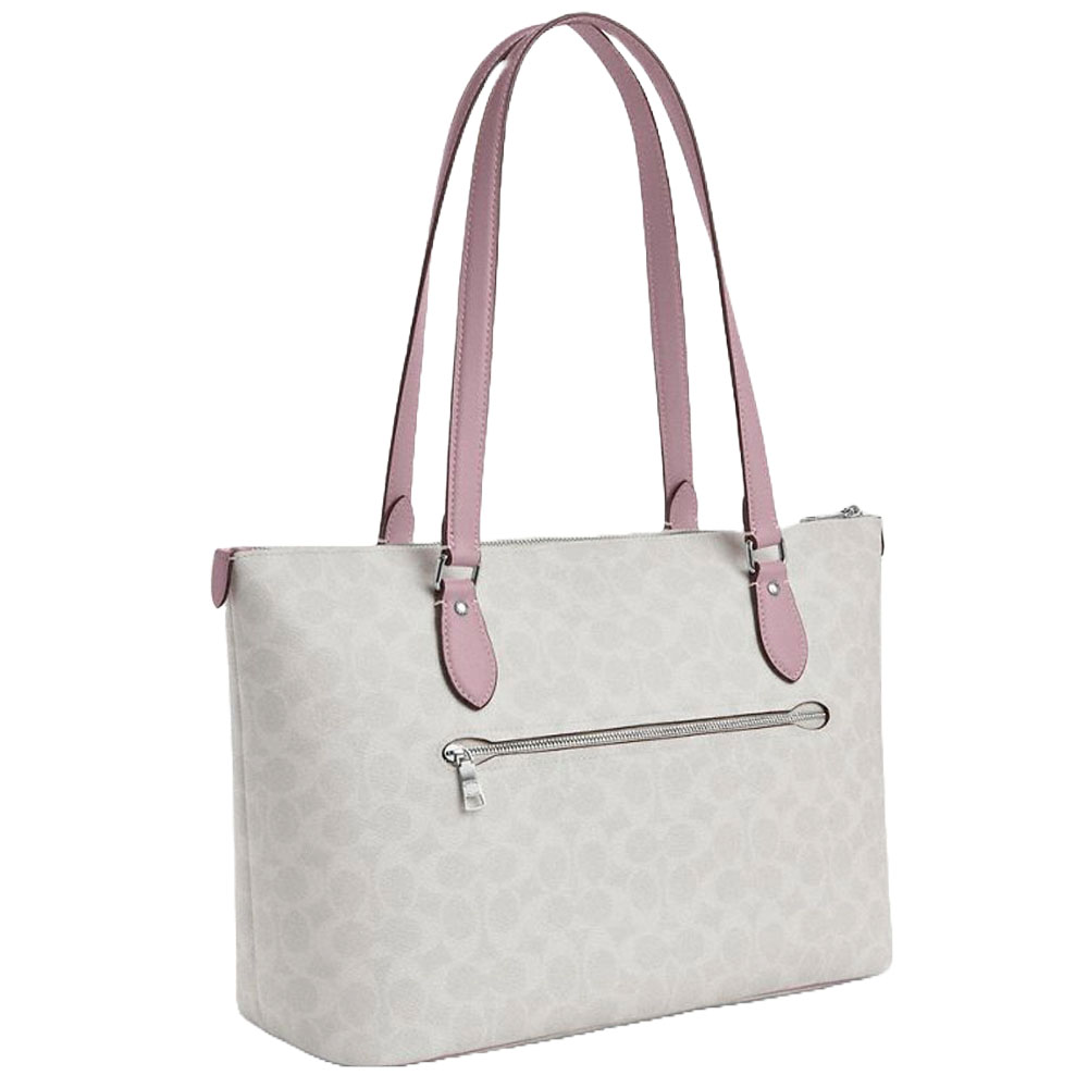 Coach Gallery Tote Bag In Signature Canvas Silver Chalk Carnation # CW381
