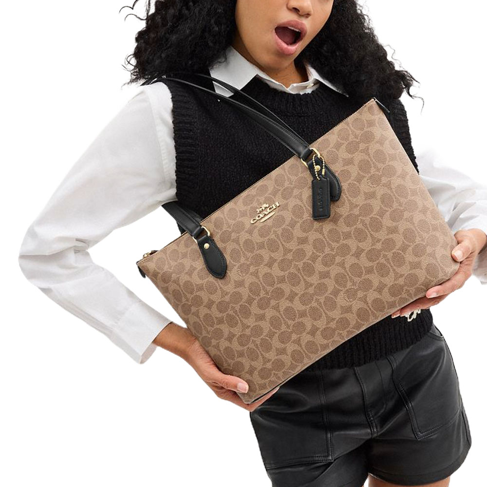 Coach Gallery Tote Bag In Signature Canvas Tan Black # CW381