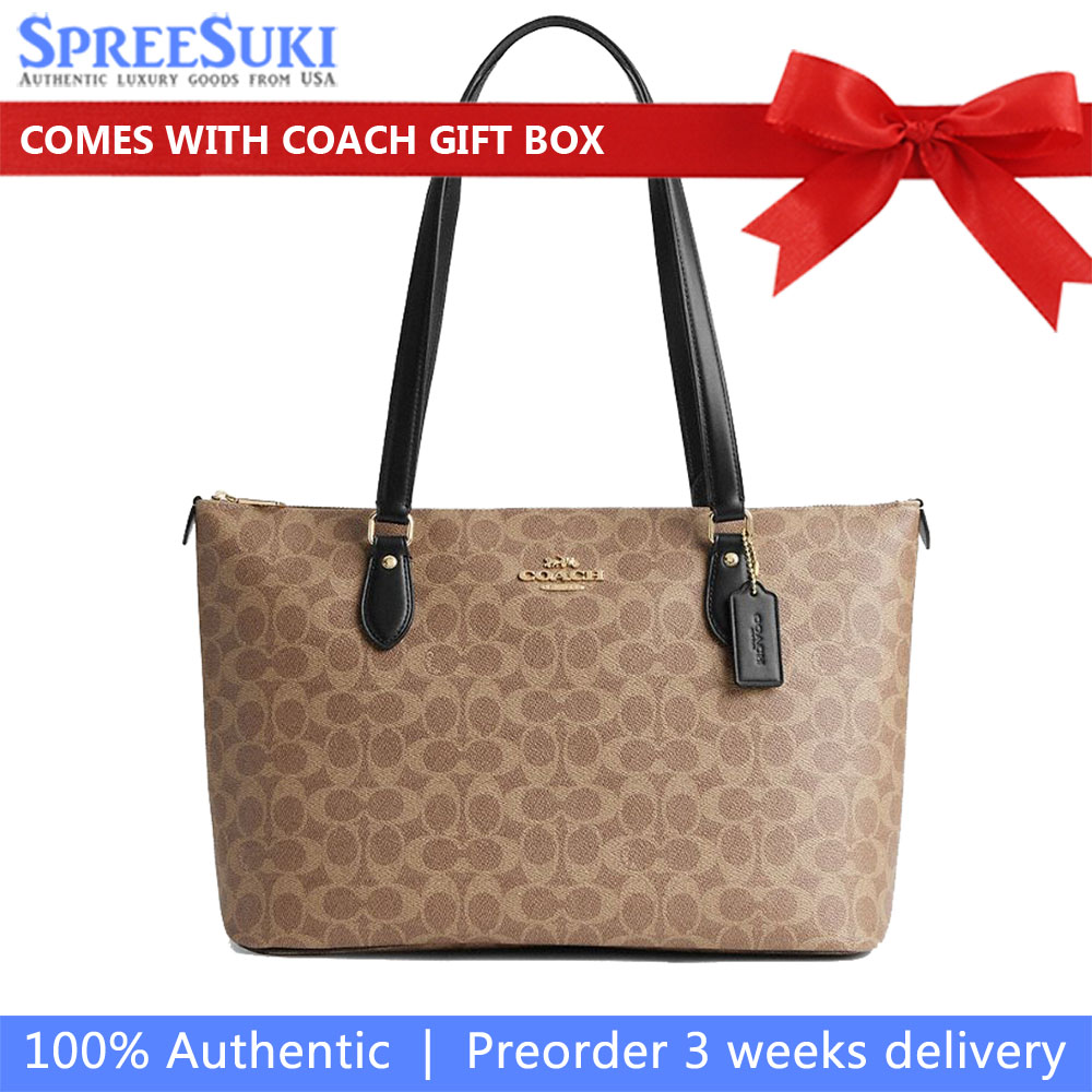 Coach Gallery Tote Bag In Signature Canvas Tan Black # CW381