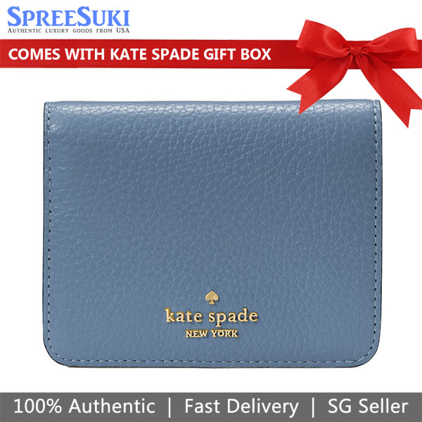 Kate Spade Small Wallet Lena Pebbled Leather Small Slim Bifold Wallet Bluestone # KH788