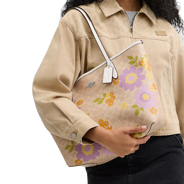 Coach City Tote Bag In Signature Canvas With Floral Print Silver Sand Multi # CBG71