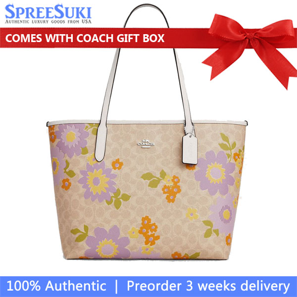 Coach City Tote Bag In Signature Canvas With Floral Print Silver Sand Multi # CBG71