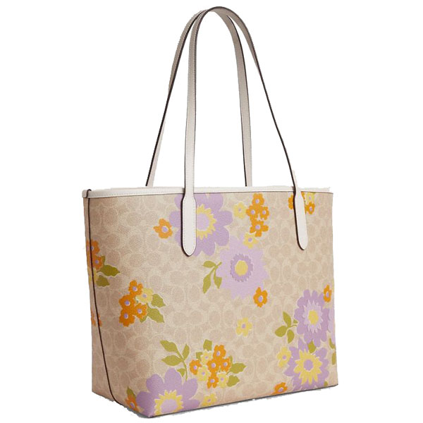 Coach City Tote Bag In Signature Canvas With Floral Print Silver Sand Multi # CBG71