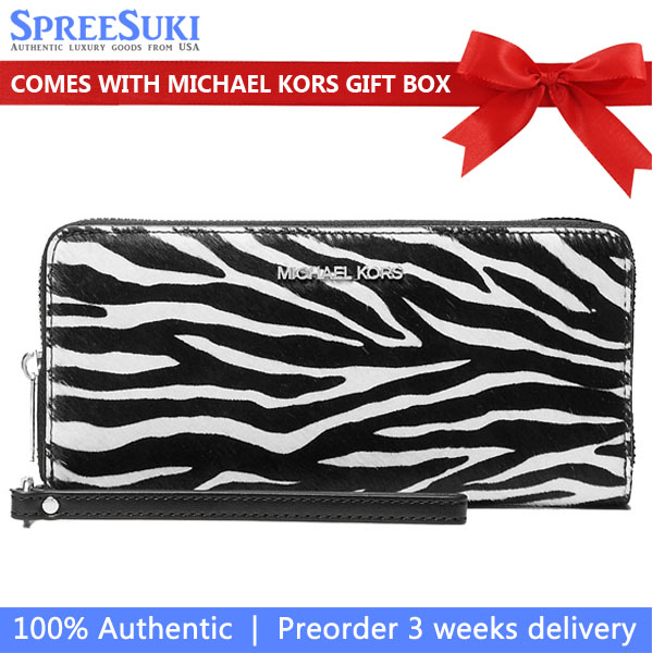 Michael Kors Jet Set Travenuel Zebra Print Calf Hair Continental Wallet Black # 35S5STVE7H