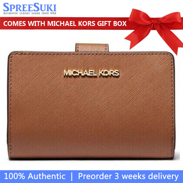 Michael Kors Medium Wallet Jet Set Travel Medium Leather Bifold Zip Coin Wallet Luggage Brown # 35F7GTVF2L