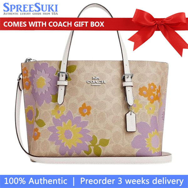 Coach Mollie Tote Bag 25 In Signature Canvas With Floral Print Silver Sand Multi # CBT23