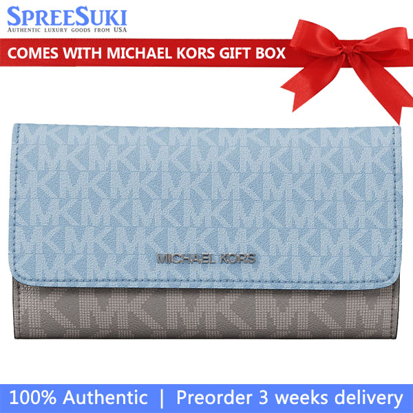 Michael Kors Jet Set Travenuel Signature Logo Tri-Fold Wallet Lt Sky Mlt # 35S5STVF3B