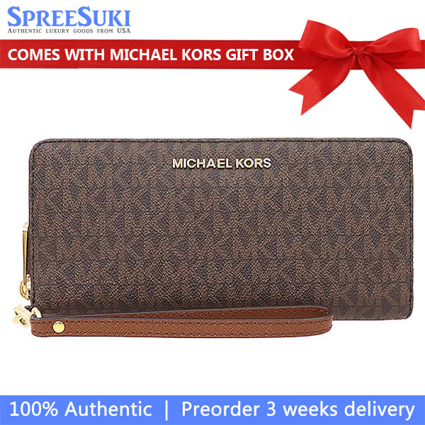 Michael Kors Long Wallet Jet Set Continental Wristlet Wallet Brown Acorn # 35F8GTVT3B