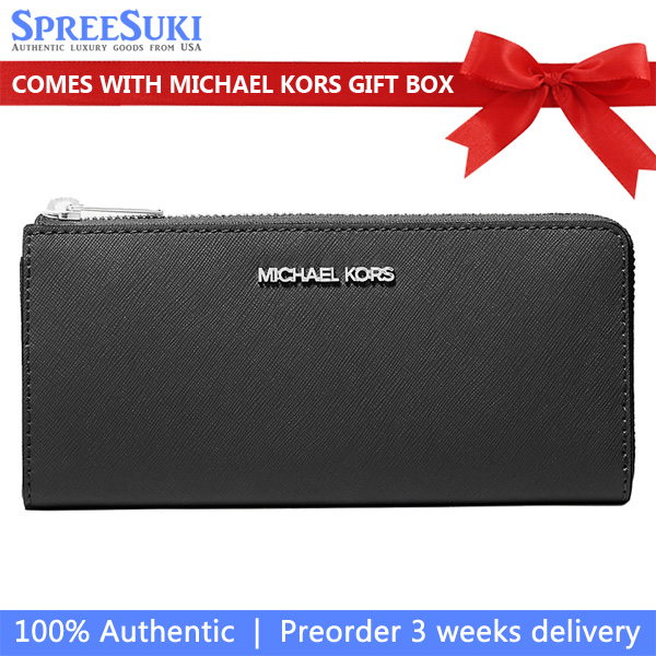Michael Kors Jet Set Travenuel Large Saffiano Leather Quarter-Zip Wallet Black # 35R4STVE3L