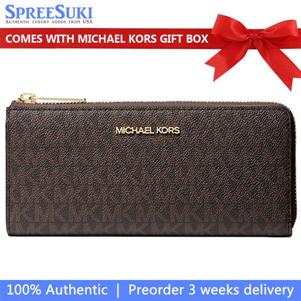 Michael Kors Jet Set Travenuel Large Logo Quarter-Zip Wallet Brown # 35F8GTVZ3B