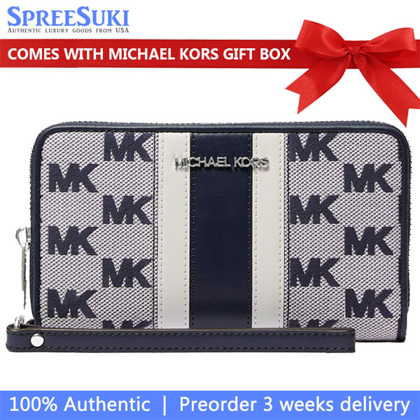 Michael Kors Jet Set Travenuel Large Striped Logo Jacquard Smartphone Wristlet Navy # 35R5STVE3J