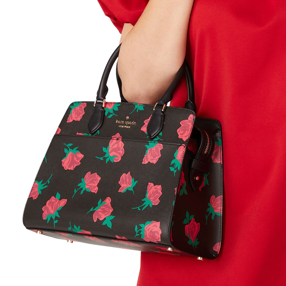 Kate Spade Madison Rose Toss Printed Medium Satchel Black Multi # KE536