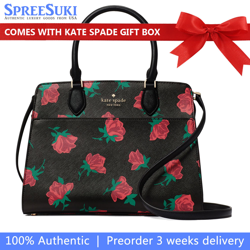 Kate Spade Madison Rose Toss Printed Medium Satchel Black Multi # KE536